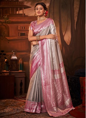 Deserving Kanchipuram Silk Grey and Pink Trendy Saree