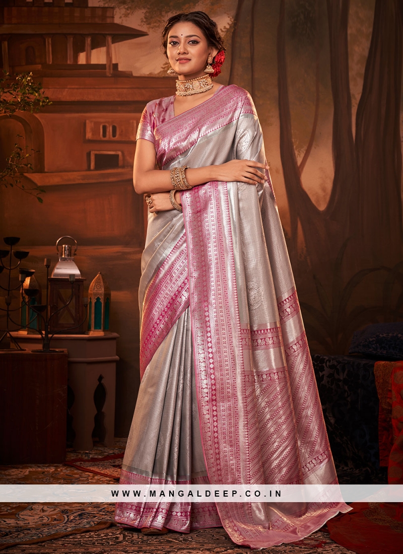 Deserving Kanchipuram Silk Grey and Pink Trendy Saree