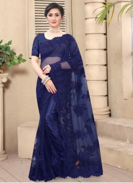 Deserving Navy Blue Embroidered Net Trendy Saree