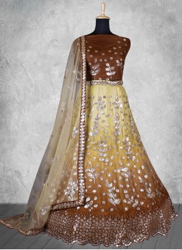 Deserving Net Sequins Brown Trendy Lehenga Choli