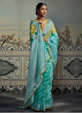 Deserving Turquoise Fancy Brasso Contemporary Style Saree