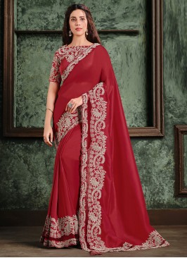 Designer Bridal Sarees Zari Satin Silk in Red