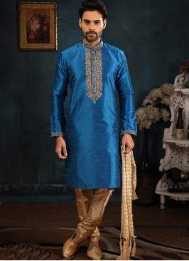 Designer Embroidered Fancy Blue Color Banarasi Art Silk Kurta Pajama