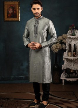 Designer Embroidered Fancy Grey Color Banarasi Art Silk Kurta Pajama