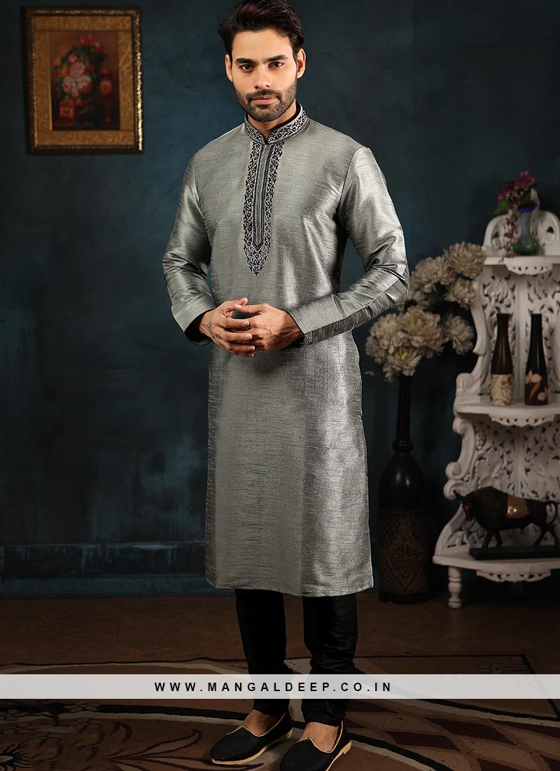 Designer Embroidered Fancy Grey Color Banarasi Art Silk Kurta Pajama