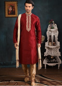 Designer Embroidered Fancy Maroon Color Banarasi Art Silk Kurta Pajama