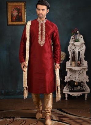 Designer Embroidered Fancy Maroon Color Banarasi Art Silk Kurta Pajama