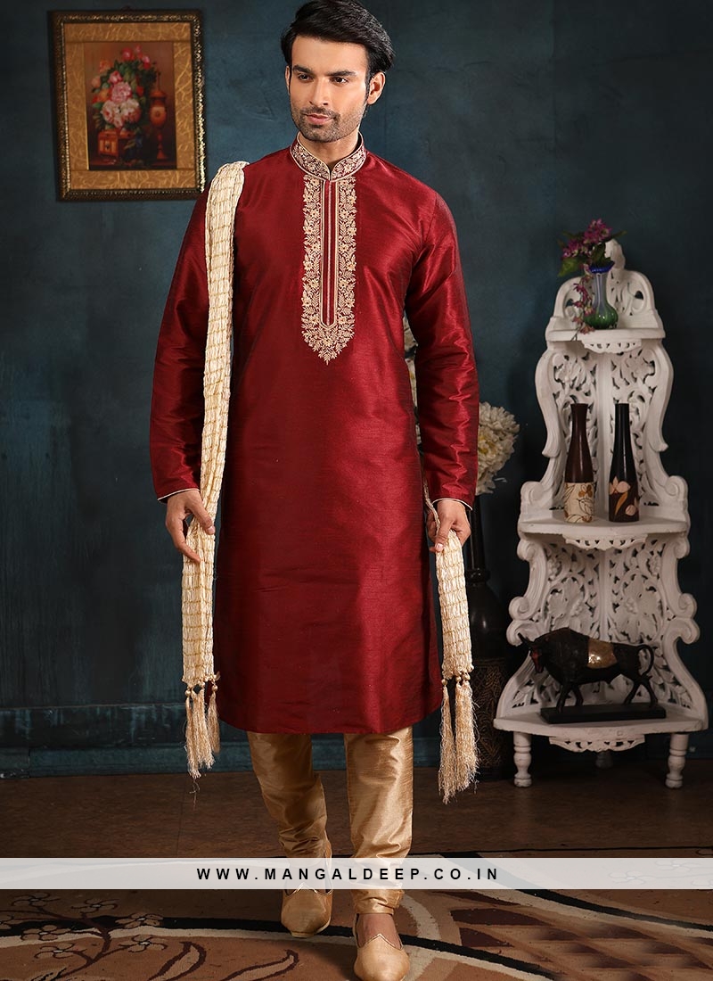 Buy New Designer Festival Wear Maroon Fancy Dupion Silk Kurta Pajama Online  From Surat Wholesale Shop.