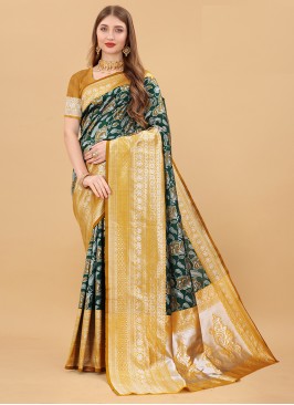 Designer Festive Wear Banarasi Saree In Green Color