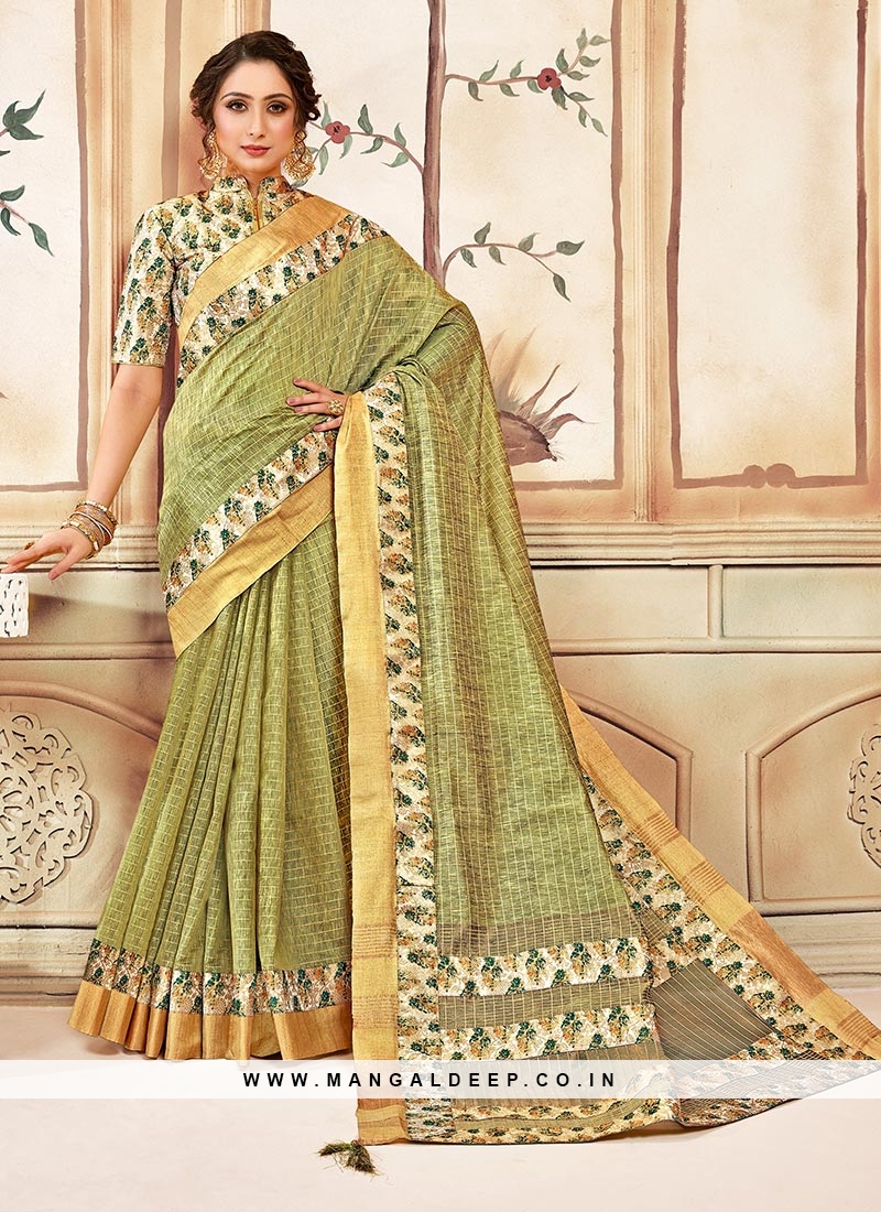 Designer Function Wear Cotton Saree In Green Color