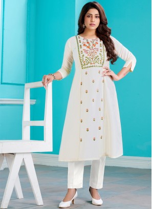 Designer Function Wear Embroidered Kurti In White Color