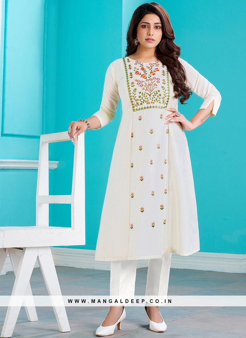 Designer Function Wear Embroidered Kurti In White Color