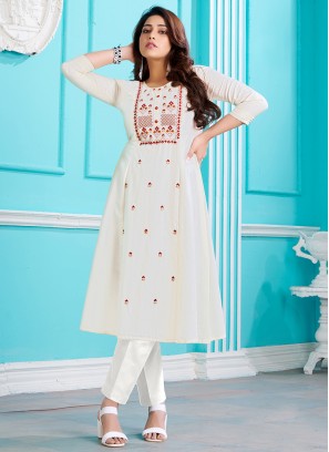 Designer Function Wear Embroidered Kurti In White Color
