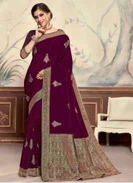 Designer Function Wear Poly Silk Saree In Burgundy Color