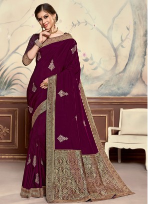 Designer Function Wear Poly Silk Saree In Burgundy Color
