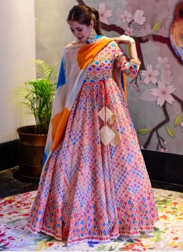 Designer Gown Digital Print Cotton Silk in Multi Colour