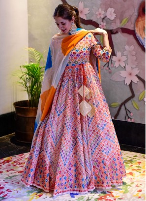 Designer Gown Digital Print Cotton Silk in Multi Colour