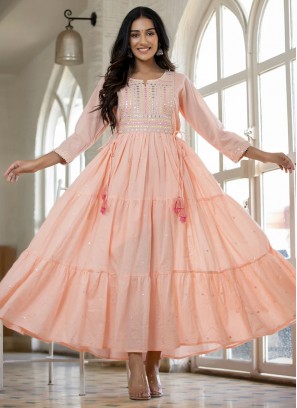 Designer Gown Embroidered Cotton in Peach