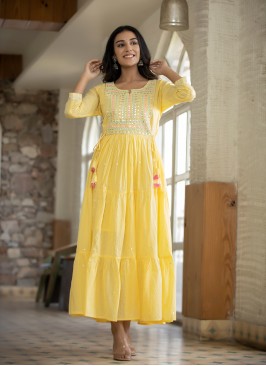 Designer Gown Embroidered Cotton in Yellow