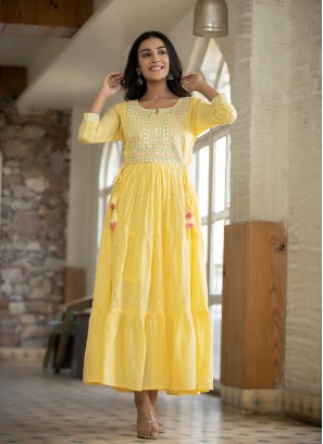 Designer Gown Embroidered Cotton in Yellow