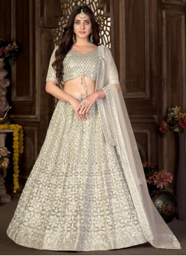 Designer Lehenga Choli Embroidered Net in Off Whit