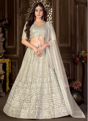 Designer Lehenga Choli Embroidered Net in Off White