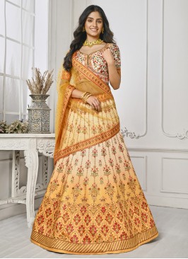 Designer Lehenga Choli Swarovski Satin Silk in Yellow