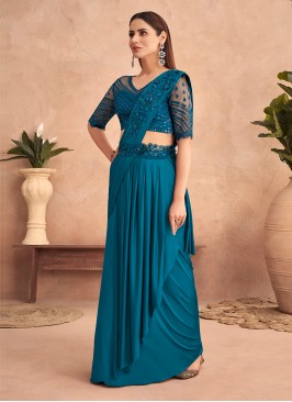 Designer Lehenga Saree Embroidered Silk in Teal