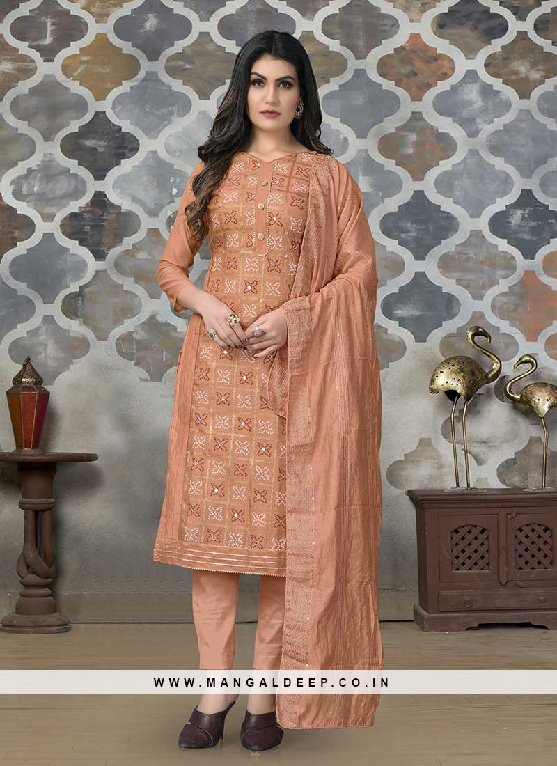 Designer Orange Color Chanderi Dress Material