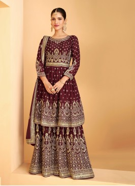 Designer Palazzo Salwar Suit Embroidered Faux Georgette in Wine