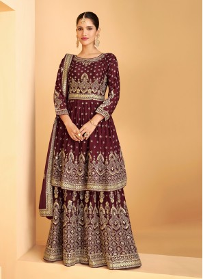 Designer Palazzo Salwar Suit Embroidered Faux Georgette in Wine