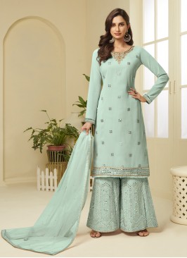 Designer Palazzo Salwar Suit Resham Faux Georgette in Aqua Blue