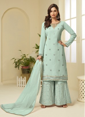 Designer Palazzo Salwar Suit Resham Faux Georgette in Aqua Blue