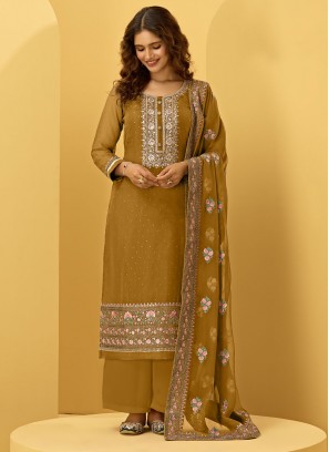 Designer Palazzo Suit Embroidered Faux Georgette in Mustard