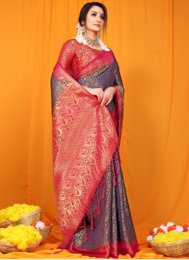 Designer Party Wear Blue Color Saree In Silk Fabric