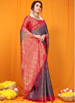 Designer Party Wear Blue Color Saree In Silk Fabric