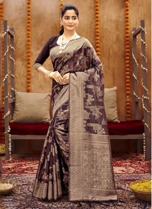 Designer Party Wear Cotton Saree In Purple Color