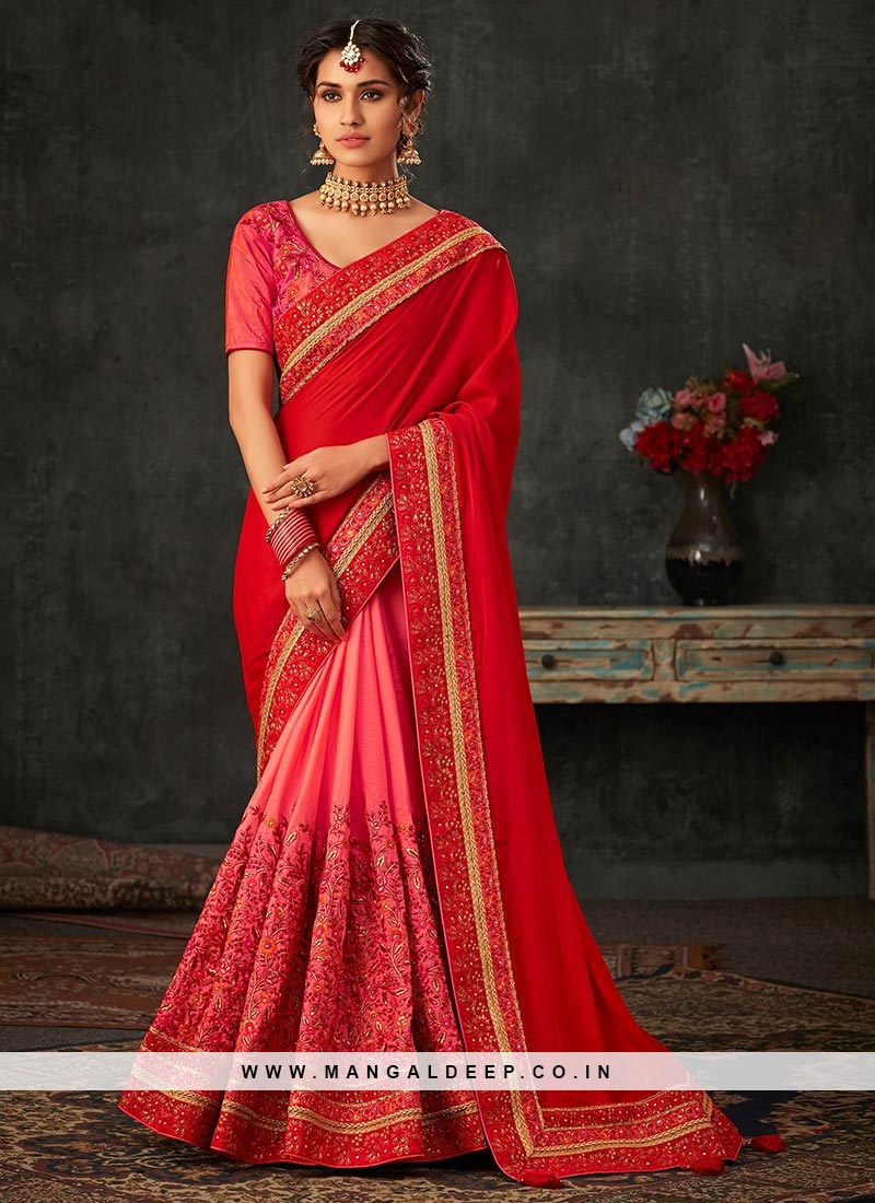 Designer Party Wear Embroidered Fancy Red And Pink Color Saree
