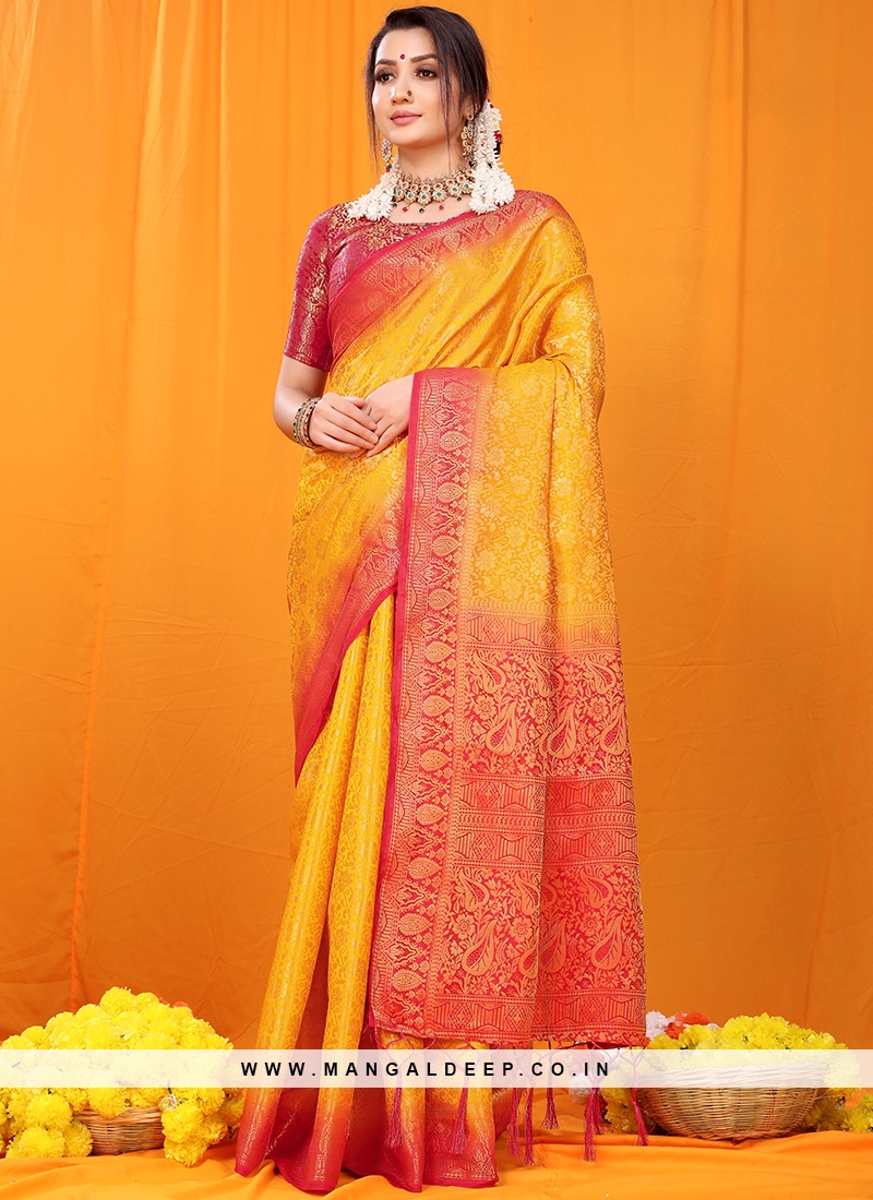 Designer Party Wear Orange Color Saree In Silk Fabric