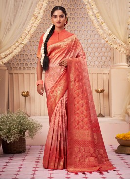 Designer Party Wear Raw Silk Saree In Beautiful Orange Color