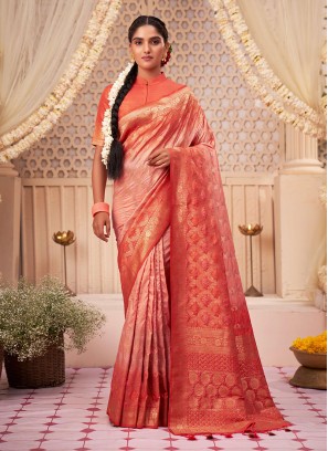 Designer Party Wear Raw Silk Saree In Beautiful Orange Color