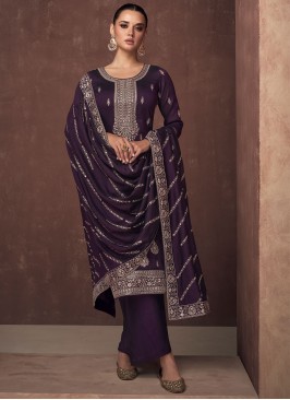 Designer Salwar Kameez Embroidered Silk in Purple