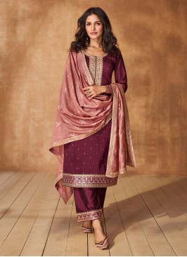 Designer Salwar Kameez Embroidered Silk in Wine