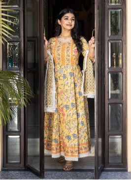 Designer Salwar Kameez Printed Cotton in Yellow