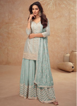 Designer Salwar Kameez Thread Chinon in Aqua Blue