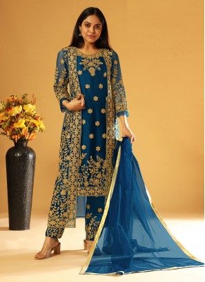 Designer Salwar Suit Embroidered Net in Blue