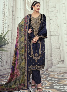 Designer Salwar Suit Embroidered Velvet in Navy Blue