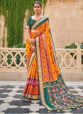 Designer Saree Abstract Print Patola Silk  in Mustard