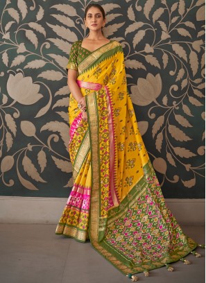 Designer Saree Abstract Print Patola Silk  in Yellow
