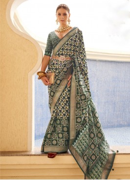 Designer Saree Digital Print Silk in Green